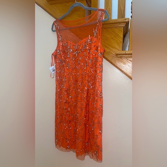 Women’s Formal Dress Size 12 MARINA Orange Beaded Midi Cocktail Party Gown NEW - Picture 7 of 13